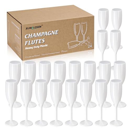 XUWAIDSGN Champagne Flute Acrylic Champagne Glasses Wedding Toasting Champagne Flute Goblet Plastic Reusable Unbreakable Champagne Cups for Bachelorette Wedding Bridal Shower Party (White, 24) - color: White, size: 24