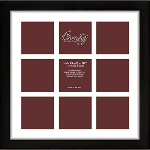 Craig Frames 1WB3BK 14 by 14-Inch Black Picture Frame, Single White Collage Mat with 9-4 by 4-Inch Openings - color: 500141401C48A 4x6 2-Opening - 1" Border