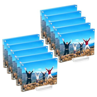 10 Pack Acrylic Picture Frame 4x6,Clear Magnetic Photo Frame, Double Sided Acrylic Block Frames for Tabletop Display Horizontal and Vertical,Family,Wedding,Documents Certificate Frame set | With Base,Double Sided Frameless Floating,Can Horizontal & Vertic
