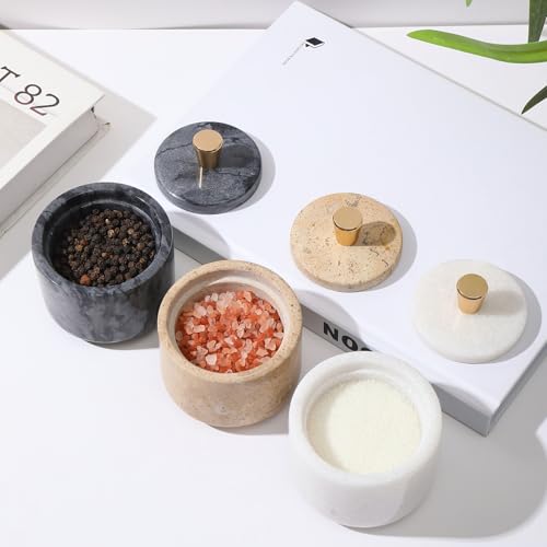 Marble Salt Cellar with Lid and Brass Knob 3.15" Spice box Salt Container Seasoning Jar for Kitchen tone Salt Holder for Counte-Ideal for Sea Salt, Spices and Herbs (White) - color: White