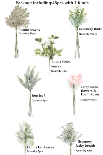 Serra Flora Artificial Greenery Spray Box Set(Pack of 48pcs) with 7 Kinds of DIY Wedding Bouquet Filler Table Centerpieces and Floral Arrangement - color: Fresh Green&light Pink