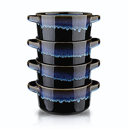 KOOV Porcelain Soup Bowls With Handles Microwave Safe, Soup Bowls Large, 24 Ounce for Soup, Cereal, Stew, French Onion Soup Bowl, Reactive Glaze Set of 4 (Nebula Blue)