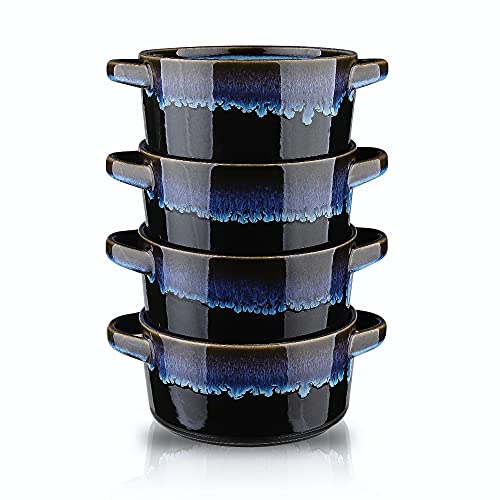 KOOV Porcelain Soup Bowls With Handles Microwave Safe, Soup Bowls Large, 24 Ounce for Soup, Cereal, Stew, French Onion Soup Bowl, Reactive Glaze Set of 4 (Nebula Blue)
