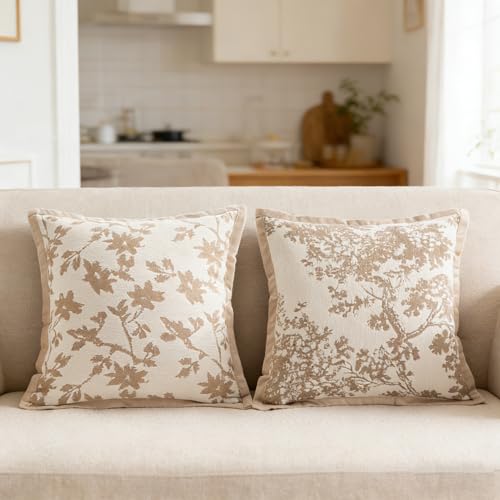 Maple Leaf Plant Spring Summer Pillow Cover for Couch Modern Style Pillow Covers Snow Neil Courtyard Home Pillow Cover 2-pack Set for Living Room Sofa Bed, Flower Plant Style (light brown, 18*18 inch) - color: Leaf + Brach Light Brown