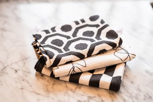 Kitchen Towels, Dish Towels for Kitchen, 3 Pc Kitchen Towel Set | Microfiber Waffle Towels, 16 x 26 inches, with Hanging Loops, Reusable Tea Towels, Cute Kitchen Towels - 3 Pack - color: Black