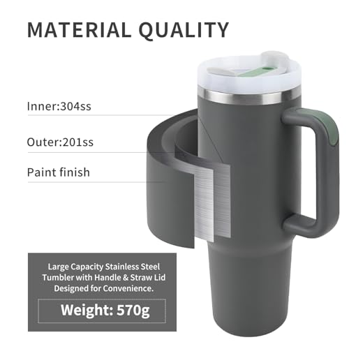 Insulated Tumbler, Gray, 40 oz | Stainless Steel Vacuum, Handle and Straw, Leak Resistant Lid, Fits Car Cup Holder - color: CHARCOL, size: 40 oz