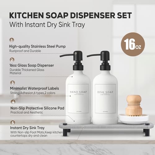 Kitchen Soap Dispenser Set with Instant Dry Tray,16 Oz Hand and Dish Soap White Glass Dispenser Set,Stainless Steel Pump,Waterproof Labels,Dish Brush,Luxury Soap Bottle for Kitchen,Bathroom - color: White Bottle+black Pump