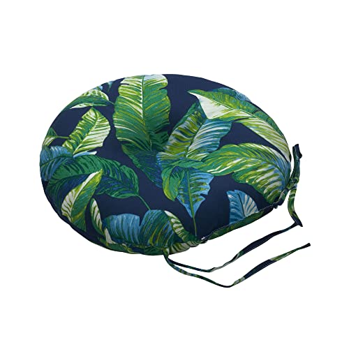 Magpie Fabrics 15" Round Bistro Seat Cushions with Ties, Set of 2, Waterproof All Weather Tufted 4" Thick Patio Chair Pads for Home Garden Dining Metal Stool - Green Lagoon Leaves - color: A Green Lagoon Leaves