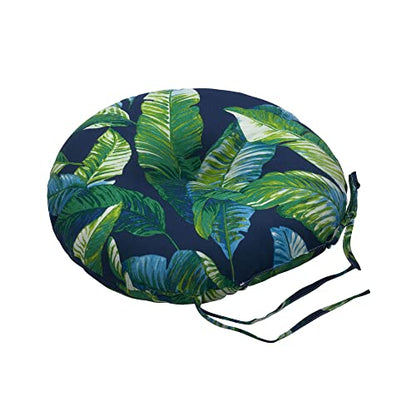 Magpie Fabrics 15" Round Bistro Seat Cushions with Ties, Set of 2, Waterproof All Weather Tufted 4" Thick Patio Chair Pads for Home Garden Dining Metal Stool - Green Lagoon Leaves - color: A Green Lagoon Leaves