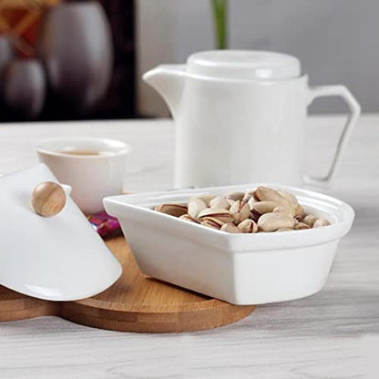 Ceramic Divided Serving Dishes with Lids and Bamboo Platter, 5 Removable Dipping Bowls Relish Tray Nuts Dishes for Appetizer, Chips, Fruits, Candy, Condiment