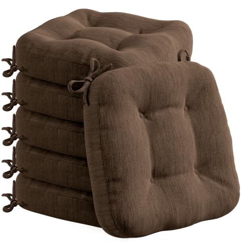 Codi Dining Chair Cushions 6 Pack, Thick Memory Foam Kitchen Seat Pads | 3.5-inch triple-layer comfort, Non-slip backing, Secure ties, Removable washable covers, 16.5"x16.5" D-shaped, Brown - color: Brown-new, size: Pack of 6