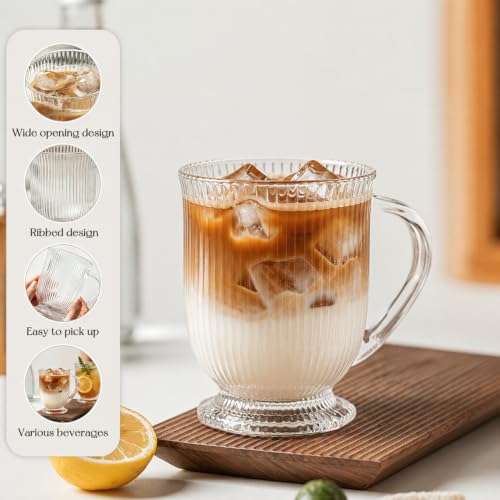 KEMORELA 16oz Ribbed Glass Coffee Mugs Set,Large Glass Mugs with Handle | 2-pack,Clear Thick glass,Wide base,Microwaves,Dishwasher safe,For Ice Coffee,Americano,Latte,Tea,Juice,Hot/Cold Beverages - color: Ribbed-2PCS
