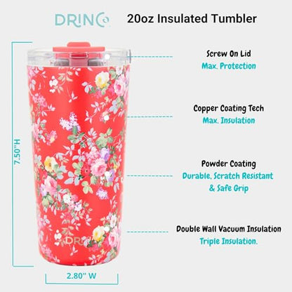 Drinco - 20 oz Stainless Steel Tumbler | Double Walled Vacuum Insulated Mug With Lid, 2 Straws, For Hot & Cold Drinks (20oz Peony Floral) - color: 20oz Peony Floral