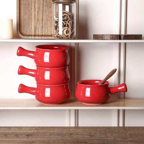 vicrays French Onion Soup Bowls With Handles, 26 Ounce for Soup, Chili, Beef Stew, Chip Resistant, Dishwasher Microwave Safe, Set of 4 (Red) - color: Red