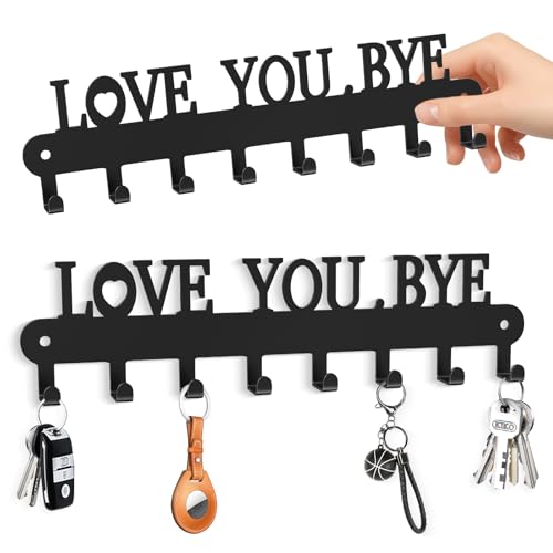 Key Holder for Wall - 'Love You Bye' Key Hooks, Black, 6 Hooks | Key Holder Wall Mount Self Adhesive, Key Rack Wall Mount for Wall No Drill for Living Room, Kitchen, Bathroom, Garage - color: Love You Bye' Black 2p
