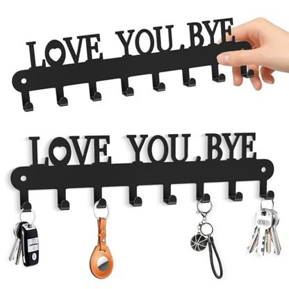 Key Holder for Wall - 'Love You Bye' Key Hooks, Black, 6 Hooks | Key Holder Wall Mount Self Adhesive, Key Rack Wall Mount for Wall No Drill for Living Room, Kitchen, Bathroom, Garage - color: Love You Bye' Black 2p