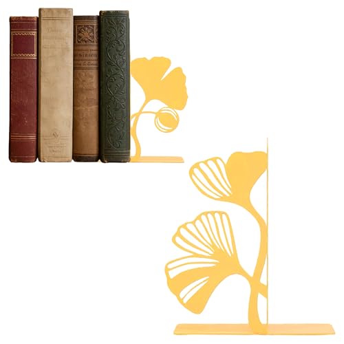Ginkgo Leaf Metal Bookends, Yellow Botanical Plant Decorative Book Ends for Bookshelf, Cute Unique Bookends for Reading Room Kitchen Office Bathroom Living Room, Bookend Home Decor - color: Ginkgo Leaf