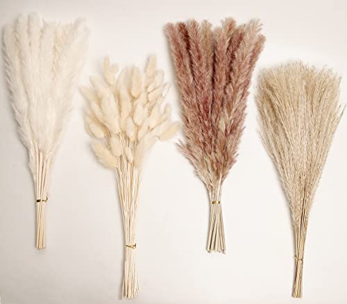 Natural Dried Pampas Grass Decor, 100 PCS Pampas Grass Contains White Bunny Tails Dried Flowers, Reed Grass Bouquet for Wedding Boho Flowers Home Table Decor, Rustic Farmhouse Party (17”) - size: 100PCS-B