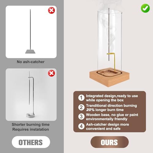 Incense Holder for Sticks: Incense Stick Holder with Wood Base | Top Side Burning Design Extends More Time -Removable Ash Collection Glass - Installation-Free - for Yoga Home Decor