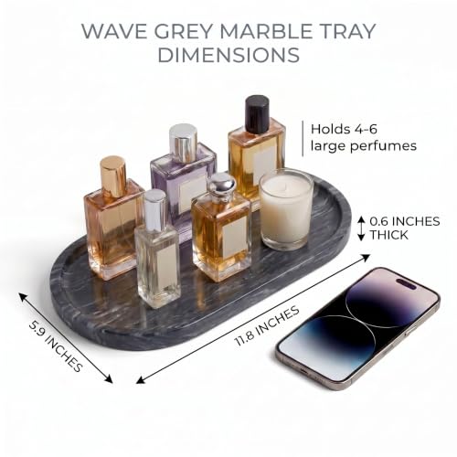 YKAJO Wave Grey Oval Marble Tray, 11.8x5.9 Vanity Perfume Organizer Dish | Honed natural stone; jewelry & trinket dish, ring & key holder, soap & candle catchall; bath counter, dresser, coffee table - color: Wave Grey, size: 11.8" x 5.9" x 0.6"