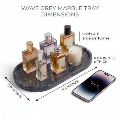 YKAJO Wave Grey Oval Marble Tray, 11.8x5.9 Vanity Perfume Organizer Dish | Honed natural stone; jewelry & trinket dish, ring & key holder, soap & candle catchall; bath counter, dresser, coffee table - color: Wave Grey, size: 11.8" x 5.9" x 0.6"