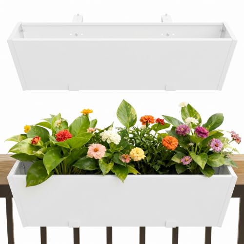 36 Inch Railing Planter Boxes, Heavy Duty Metal Hanging Planters with Adjustable Brackets, Outdoor Balcony Flower Box for Deck, Fence, Porch Railings (White) - color: White, size: 1PC