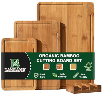 BAMBANG Bamboo Cutting Board, Dark Carbonized Chopping Boards Set of 3 with Stand, Butcher Block with Deep Juice Groove, Non-Toxic Wooden Cutting Boards for Kitchen Meal Prep & Serving - color: Dark