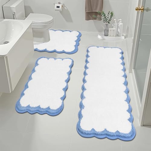 Pauwer Bathroom Rug Sets 3 Piece, Scalloped Bath Rugs, White and Blue | Non Slip Washable Bath Mat With U-Shaped Toilet Rug, Extra Absorbent Quick Dry, For Floor Sink - color: White and Blue