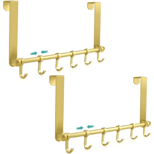MGahyi 2Pcs Gold Over The Door Hooks, Over The Door Towel Rack | 6 Sliding Adjustable Hooks, Aluminum Sturdy Rustproof, No-Drilling Anti-Scratch, for Bathroom Bedroom Closet - color: 2Pcs-Gold
