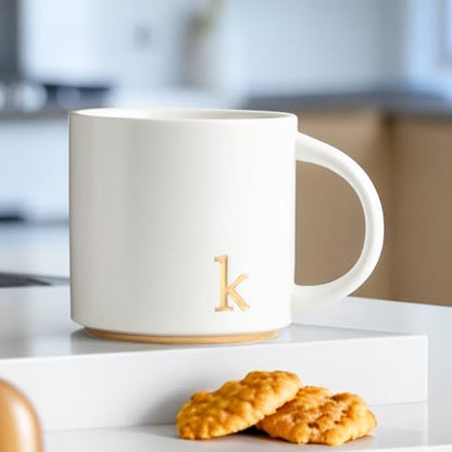 COLLECTIVE HOME Ceramic Coffee Mug, 15 oz Monogram Cup with Gift Box(K) | Dishwasher Safe, Engraved Gold Letter , Personalized Housewarming Birthday Present, Christmas Thanksgiving Mothers Day Gifts - color: gold-k