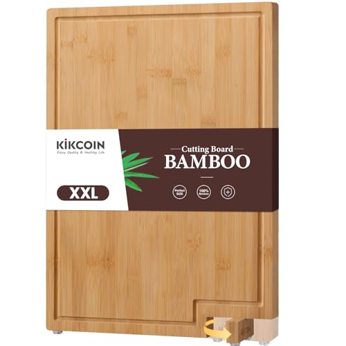 Kikcoin Bamboo Cutting Boards for Kitchen, 2XLarge Wood Cutting Board with Rotating Kickstand & Juice Groove, Wooden Chopping Board for Meats Veges Fruits, Heavy Duty Serving Tray, 20 x 14 inch - size: 20"L x 14"W