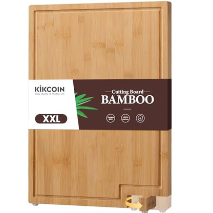 Kikcoin Bamboo Cutting Boards for Kitchen, 2XLarge Wood Cutting Board with Rotating Kickstand & Juice Groove, Wooden Chopping Board for Meats Veges Fruits, Heavy Duty Serving Tray, 20 x 14 inch - size: 20"L x 14"W