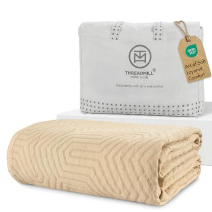 Threadmill Luxury Cotton Blankets for King Size Bed | All-Season Cozy 100% Cotton Blanket | Aster Jacquard Soft & Lightweight Coverlet fits California King Size Bed, 104x92 | Beige | 100% Cotton, Jacquard Pattern, 104x92 in, Breathable, Moisture-Wicking,