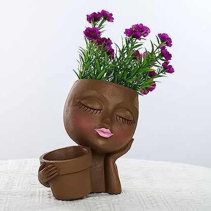 Face Planter Pot, Lady Head Planter with Drainage Holes, Brown | Dual-compartment lady head planter with drainage holes for succulents, cactus, and air plants - color: Brown