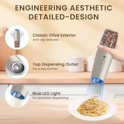 Rechargeable Gravity Salt Pepper Grinder Set, 2 Pack (Khaki) | Gravity Automatic Grinder With LED Light & Adjustable Roughness, Rechargeable Seasoning Tool For Kitchen Use - color: Rechargeable/Set/Khaki