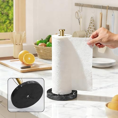 YIGII Heavy Marble Base Paper Towel Holder Countertop - Standing Paper Towel Roll Holder with Black Weighted Base, Gold Papertowel Holder for Kitchen - style: Gold & Black Marble