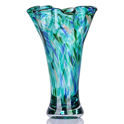 LCCCK 9.0" H Teal Glass Vases for Flower, Unique Hand Blown Glass Vase | Wide Mouth Colorful Flower Vase for Bouquet or Centerpieces, Coastal Vases for Living Room Table Bookshelf, Shelf Decorative - color: Teal