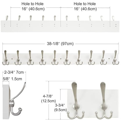 SKOLOO Creations White Solid Wood Wall Mounted Coat Rack, 10 Hooks, 38-1/8" Long - Kitchen, Mudroom, Entryway, Bathroom - Includes Mounting Hardware, Wall Coat Hanger, Towel Rack - color: Matte White Plates & Nickel Hook, size: 1 Item-10 Hooks