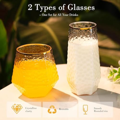 48 Pack Plastic Wine Glasses – 24 x 9oz Stemless Champagne Flutes & 24 x 12oz Disposable Wine Glasses – Plastic Cups with Gold Rim – BPA-Free Drinkware for Weddings, Parties (Gold Rim Hammered) - color: Gold Rim Spiral