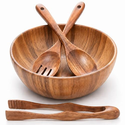 Acacia Wooden Salad Bowl Set 4Pcs,Wood Bowls Decorative With Wooden Spoons For Cooking,Forks, And Tongs.Acacia Wood Salad Bowl, Single-serve bowl,Couple Bowls For Housewarming Gift,Wedding