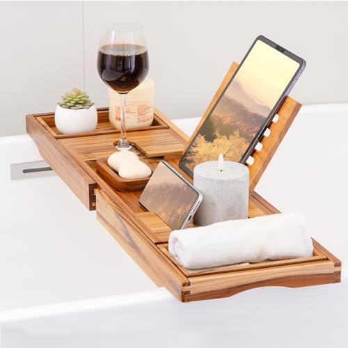 Teak Bathtub Caddy Tray with Book Stand & Soap Holder, Teak | Expandable to 41 Inches & Anti-Slip Pads for Luxury Bath Spa - color: Teak