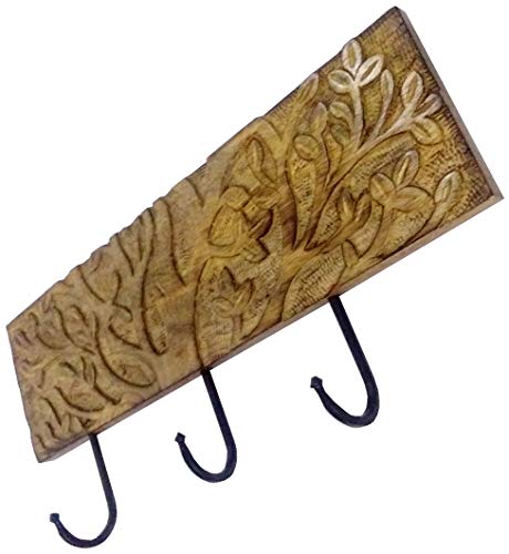 Purpledip Wooden Wall Hanger for Coat, Clothes or Keys 'Glimpse of the Garden' 3 Hooks Wall Decor (11879)