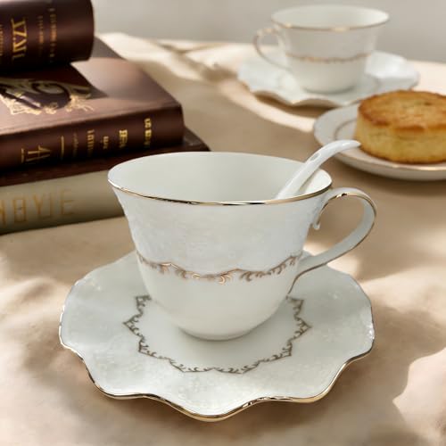 Tea Cup and Saucer Set for 1, Ceramic, White, 6.8 Oz | Coffee Cup with Saucer and Spoon, Elegant Design, 3D relief patterns, Gold Trim, Protective Packaging, Ideal for Gift - color: Elegant