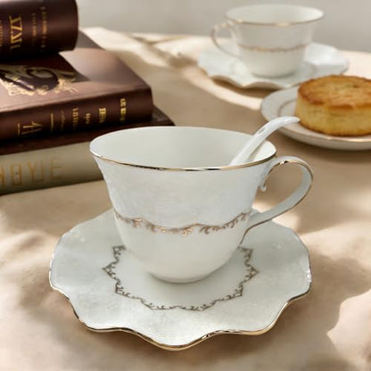 Tea Cup and Saucer Set for 1, Ceramic, White, 6.8 Oz | Coffee Cup with Saucer and Spoon, Elegant Design, 3D relief patterns, Gold Trim, Protective Packaging, Ideal for Gift - color: Elegant