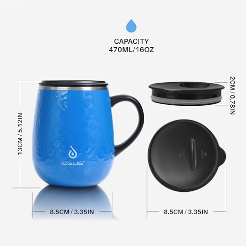 Ideus 16 oz Insulated Coffee Mug with Handle and Lid, Double Wall Stainless Steel Vacuum Thermal Coffee Mug, Travel Coffee Cup Thermal Cup for Home and Office (Leopard Blue, FUJI DAWN) - color: Leopard Blue