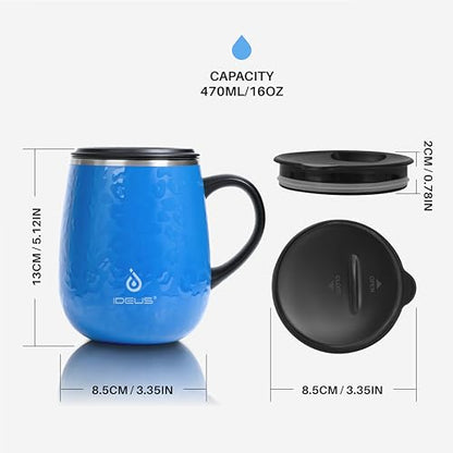 Ideus 16 oz Insulated Coffee Mug with Handle and Lid, Double Wall Stainless Steel Vacuum Thermal Coffee Mug, Travel Coffee Cup Thermal Cup for Home and Office (Leopard Blue, FUJI DAWN) - color: Leopard Blue