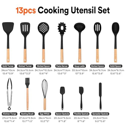 Kitchen Utensils Set, 13PCS Silicone Cooking Utensils, Heat Resistant Kitchen Utensil Spatula Set for Nonstick Cookware, Wooden Handles Kitchen Gadgets Tools Set - color: Black
