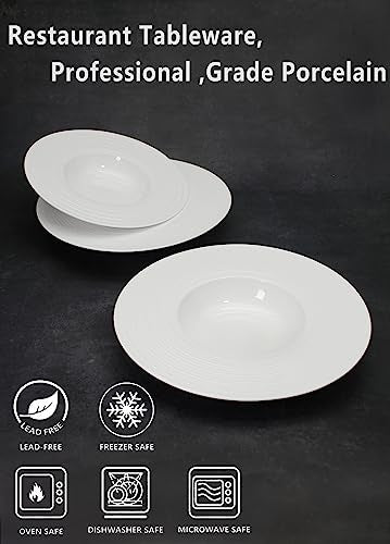 Ceramic Wide Rimmed Soup Plate, Soup Bowl 12 oz, Pasta Bowl Set of 4, White Shallow Bowl Plate with Rim, Best choice for high-end restaurants, hotels, and foodies,11.4 Inch Coil relief - color: White Coil texture relief, size: 11.4 Inch