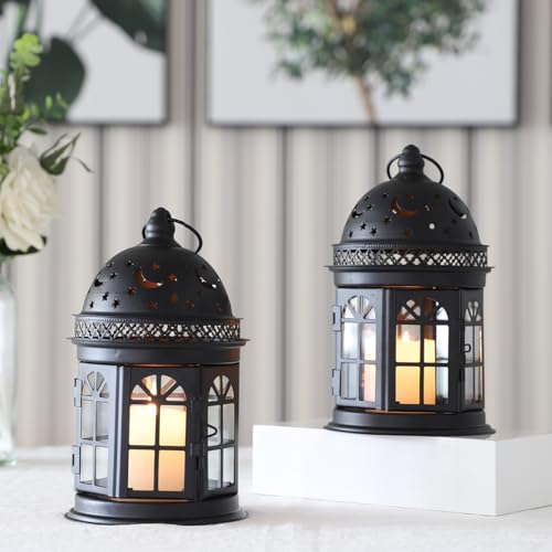 JHY DESIGN Set of 2 Decorative Lanterns-8.5inch High Vintage Style Hanging Lantern Metal Candle Holder for Indoor Outdoor Events Parities and Weddings (Black) - color: Black