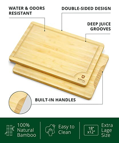 ROYAL CRAFT WOOD Bamboo Cutting Board | with Juice Groove - Kitchen Chopping Board for Meat Cheese and Vegetables, Heavy Duty Serving Tray - color: Natural, size: 18"L x 12"W